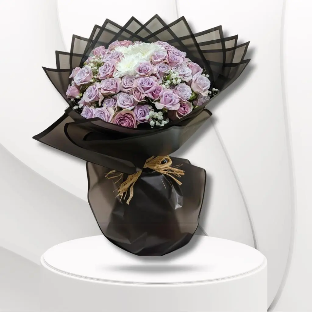 Purple Rose Bouquet in Black Wrapping